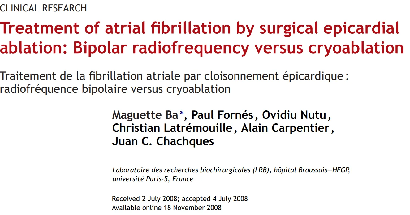 Titre de l’article « Treatment of atrial fibrillation by surgical epicardial ablation » et ses auteurs